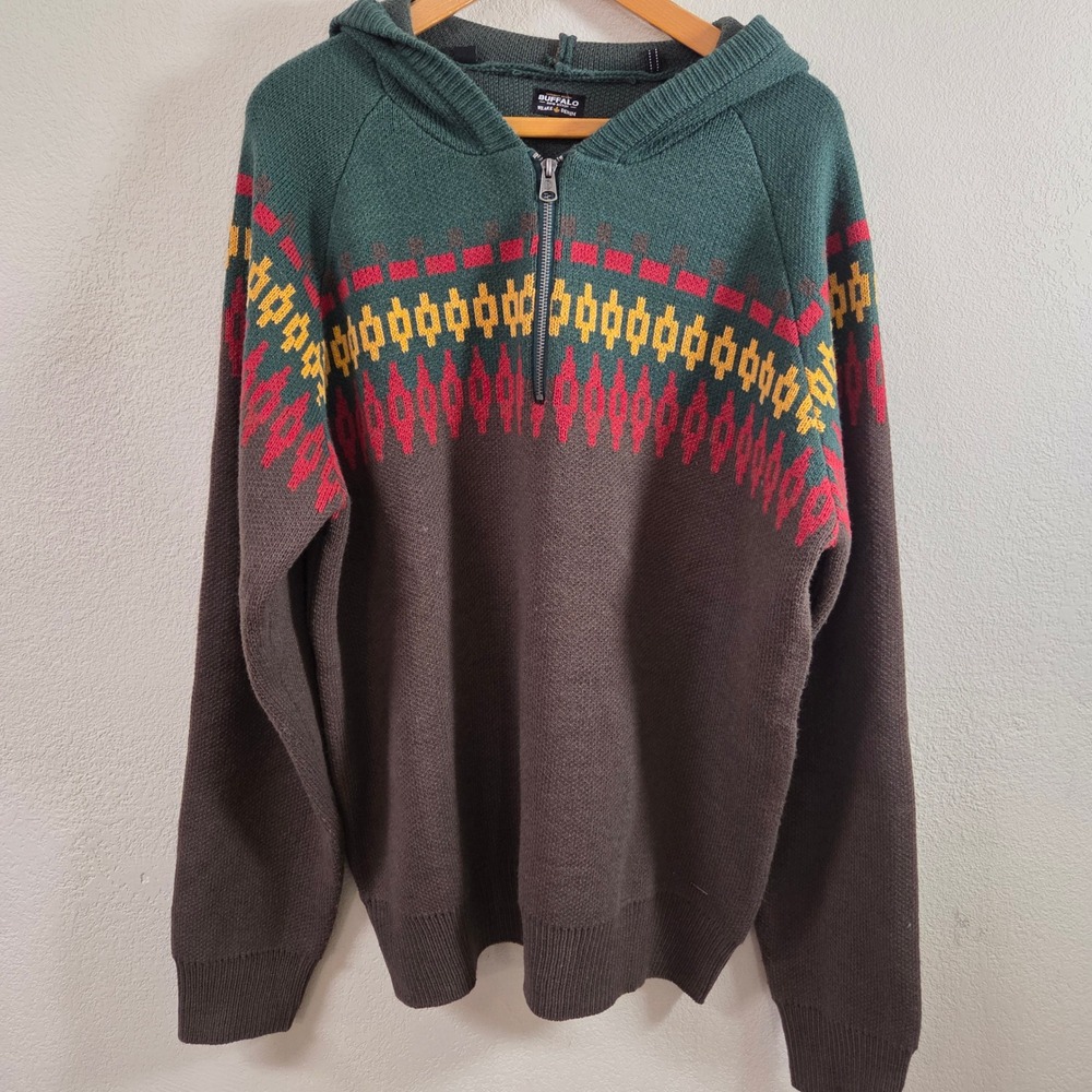 Buffalo David Bitton Mens XXL Brown Green Fair Isle Quarter Zip Hooded Sweater